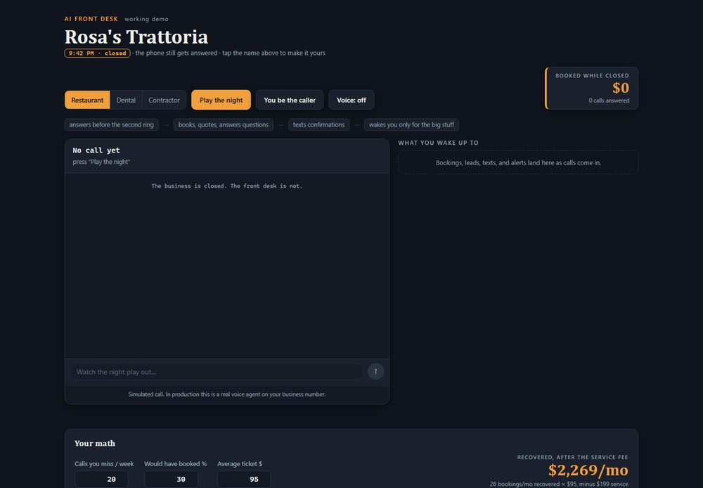 AI Front Desk: a dark dashboard showing an after-hours call being answered automatically.