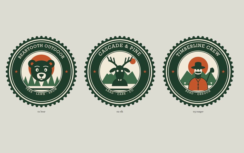 Three circular badge logos on cream: a bear, an elk and a ranger, each ringed with type and a toothed edge.