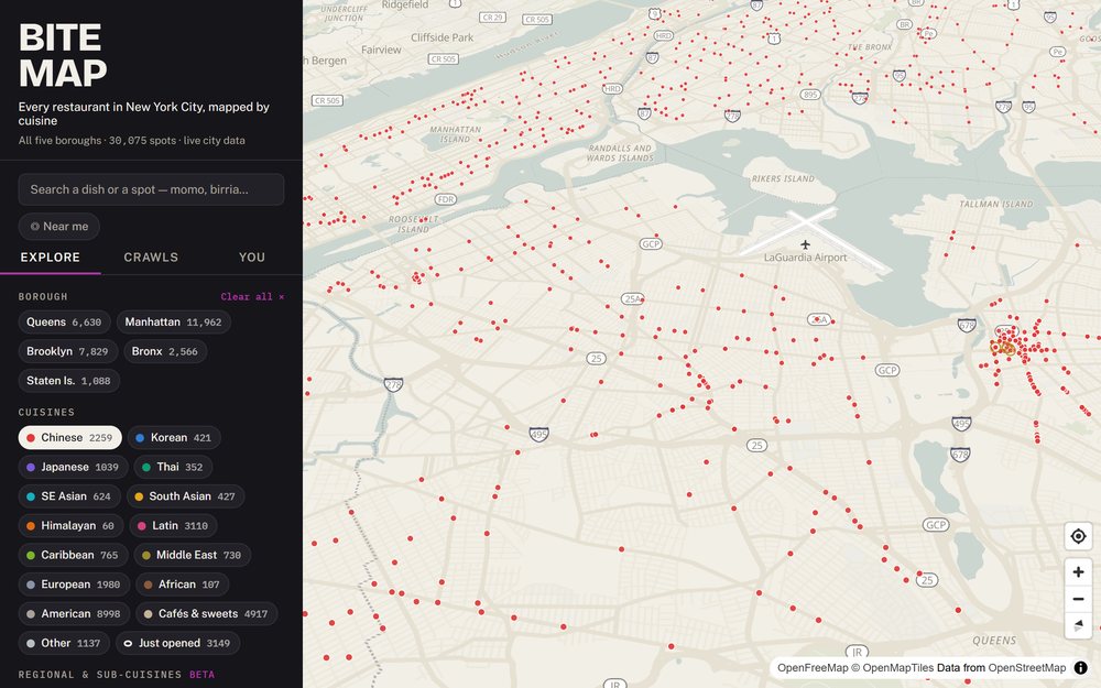 Bitemap: a map of New York City with 2,259 Chinese restaurants plotted in red, beside a panel of cuisine filters with counts.
