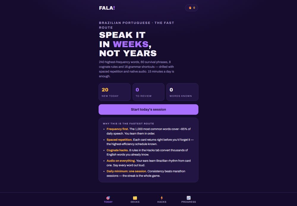 FALA: a Portuguese learning app with a flashcard and progress counters.