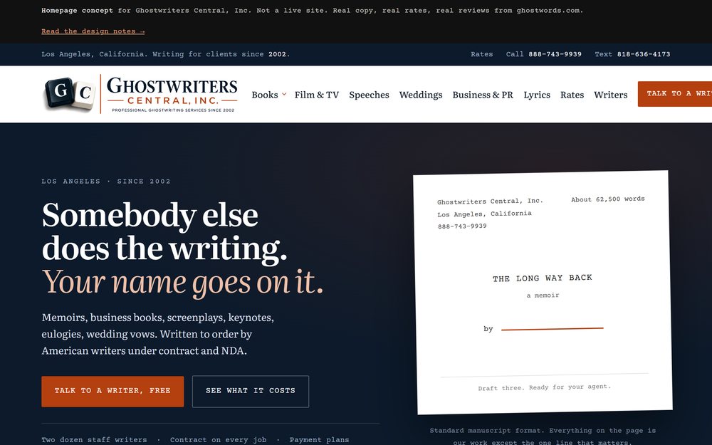 Ghostwriters Central: an editorial homepage reading Somebody else does the writing, your name goes on it, beside a manuscript page.