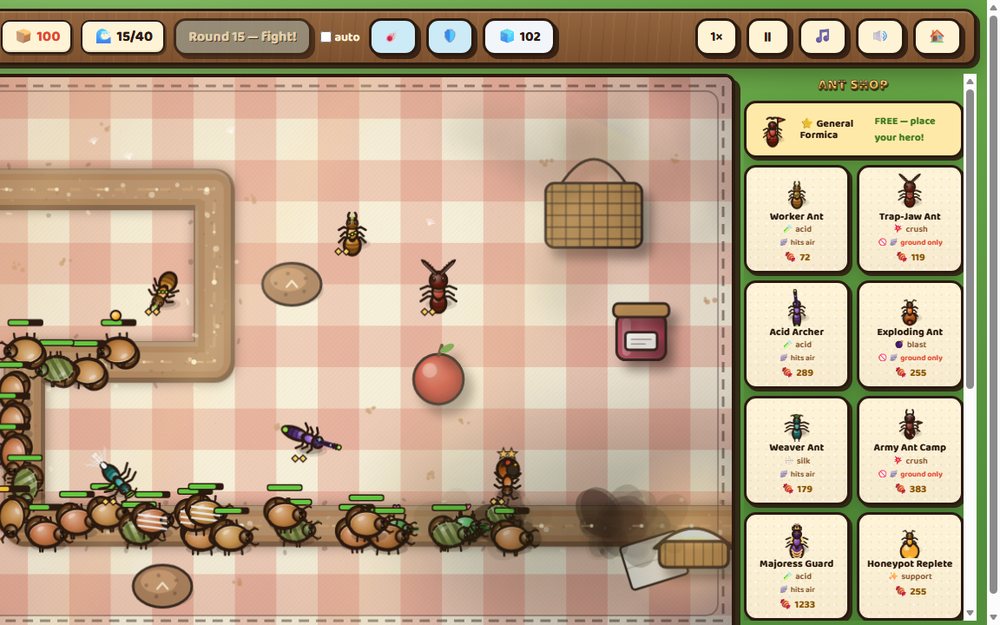 Grubs TD: ant towers defending a pheromone trail across a red picnic blanket while bugs march in.