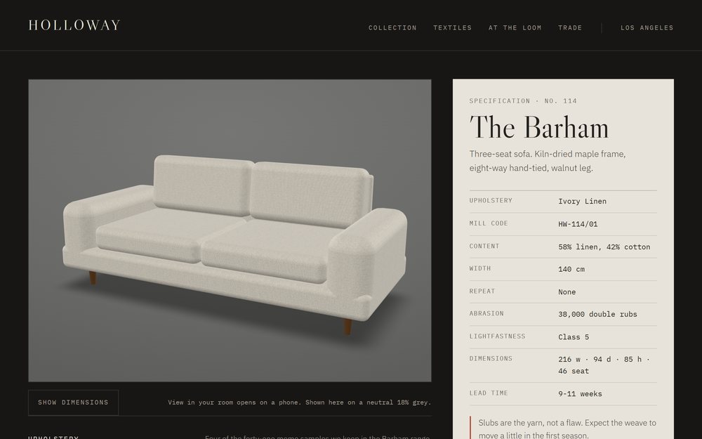 Holloway and Barham: a three-seat sofa rendered in 3D beside a printed specification sheet listing upholstery, mill code and abrasion rating.