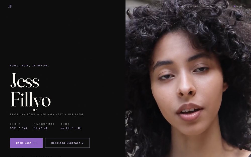 Jess Fillyo homepage: a black split-screen with the model's name in large serif on the left and a full-height portrait on the right.