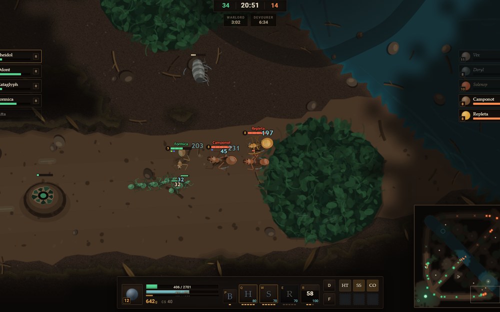 Myrmidon: a team fight in an ant-themed MOBA, a scoreboard and minimap tracking two five-ant squads.