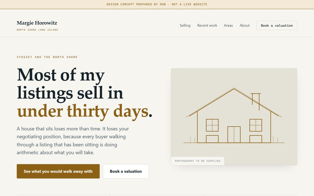 Margie Horowitz Real Estate: a cream page in old-style serif with the line Most of my listings sell in under thirty days.