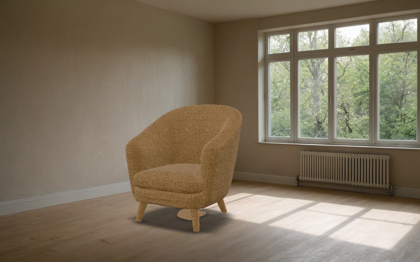The reconstructed boucle chair standing in a sunlit empty room at true size.