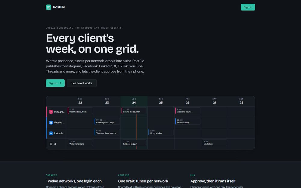 PostFlo: a dark landing page headed Every client's week, on one grid, over a calendar with one row each for Instagram, Facebook, LinkedIn and X and one column per day.