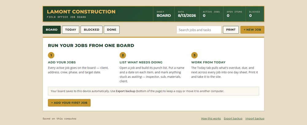 Punchboard: a job board for a construction company with tabs for board, today, blocked and done.