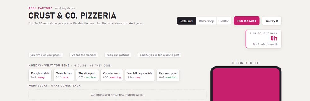 Reel Factory: a pizzeria dashboard listing phone clips sent in and the finished vertical reel.