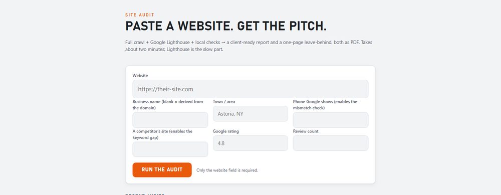 Site Audit: a form reading Paste a website, get the pitch, with fields for site, town and competitor.