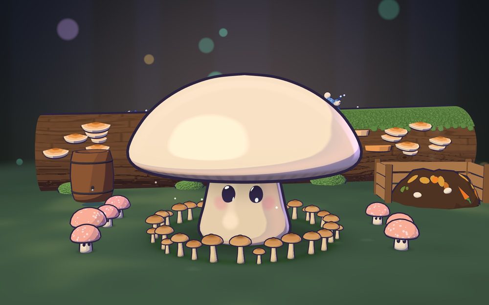 Sporelings: a big cream mushroom with a face stands in a fairy ring of small brown mushrooms, pink spotted growers on either side, a mossy log with shelf fungus, a barrel and a compost heap behind.