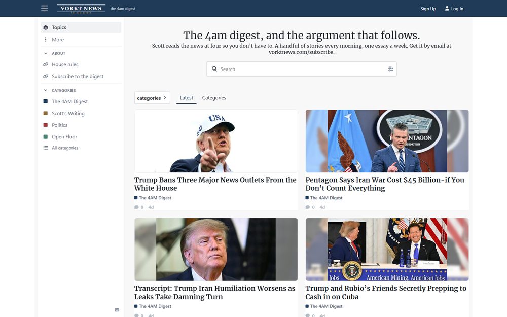 Vorkt News: a forum front page headed The 4am digest, and the argument that follows, with four story cards under a navy bar and a sidebar of rooms: The 4AM Digest, Scott's Writing, Politics, Open Floor.